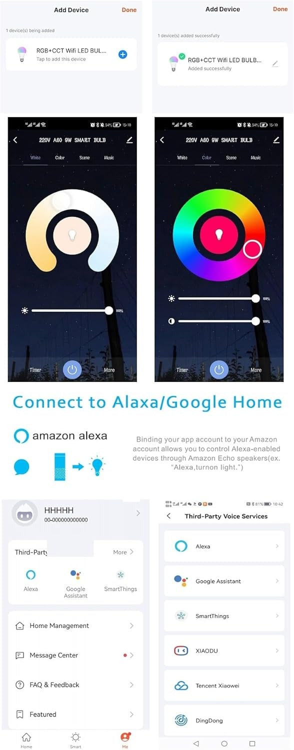 Smart LED Light 10W E27 - Alexa & Google Home Compatible RGB WiFi Bulb with Tuya Control, Color Changing & Dimmable (220V)