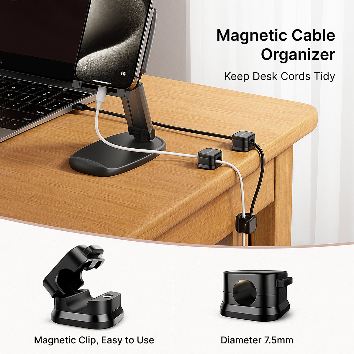 Black Magnetic Cable Holder – Tidy Desk Organiser & Charger Clip