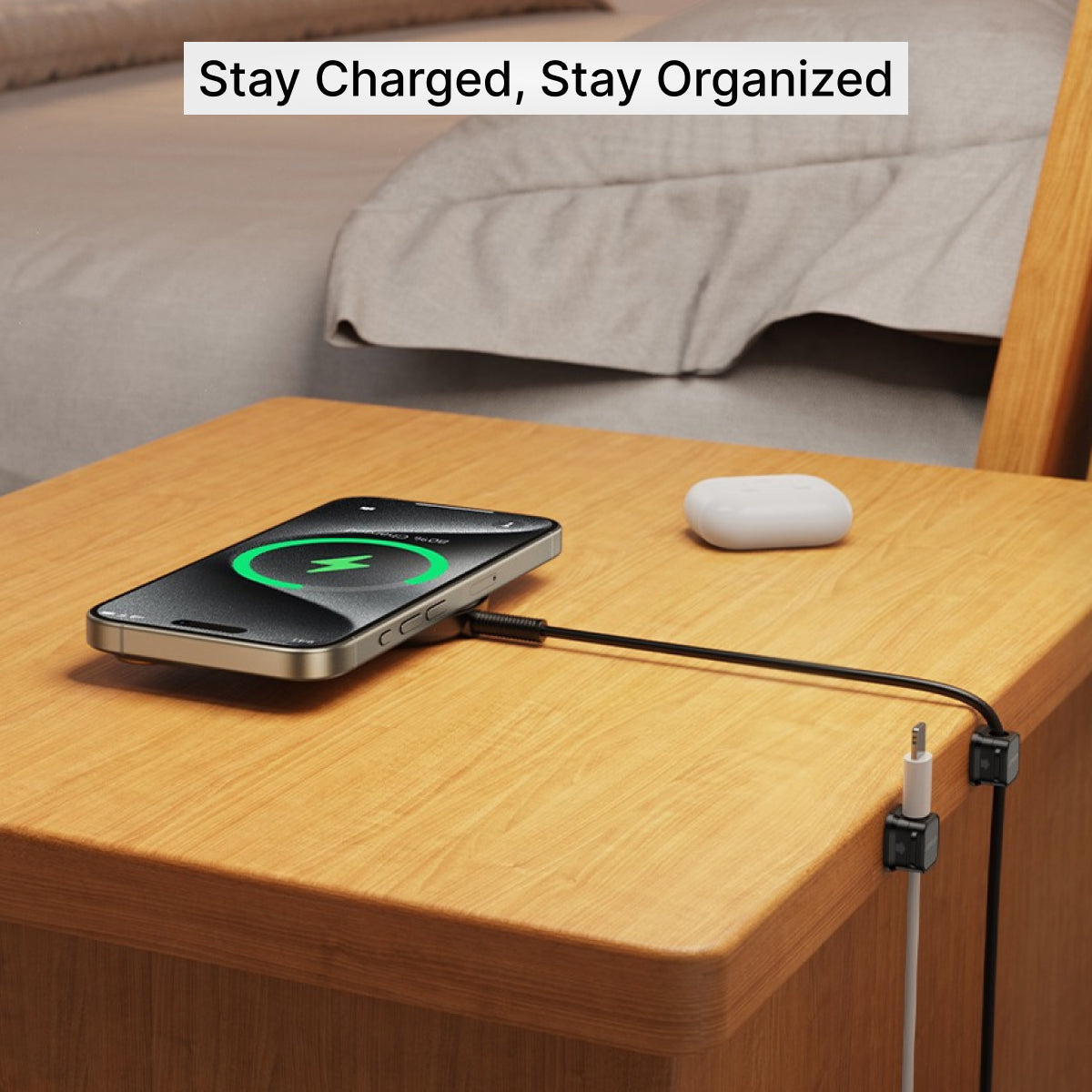 Black Magnetic Cable Holder – Tidy Desk Organiser & Charger Clip