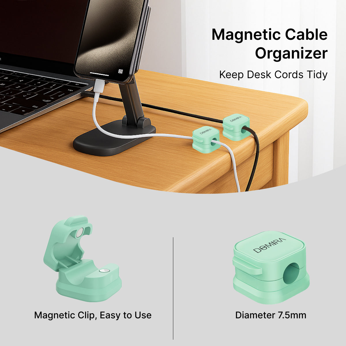Green Magnetic Cable Holder – Tidy Desk Organiser & Charger Clip