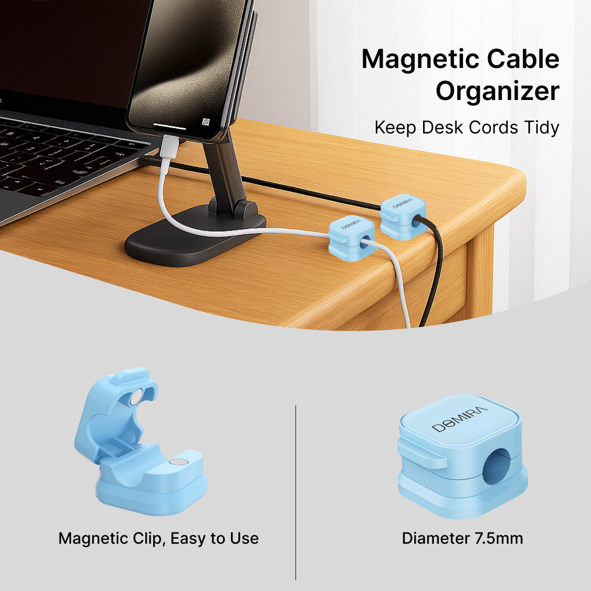 Blue Magnetic Cable Holder – Tidy Desk Organiser & Charger Clip
