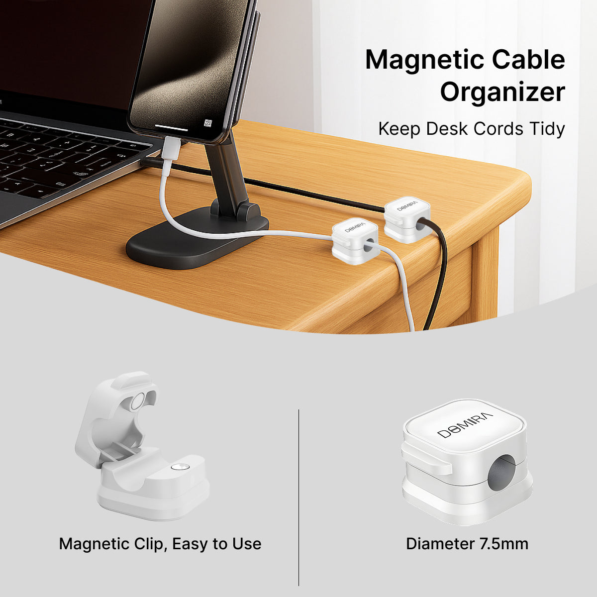 White Magnetic Cable Holder – Tidy Desk Organiser & Charger Clip