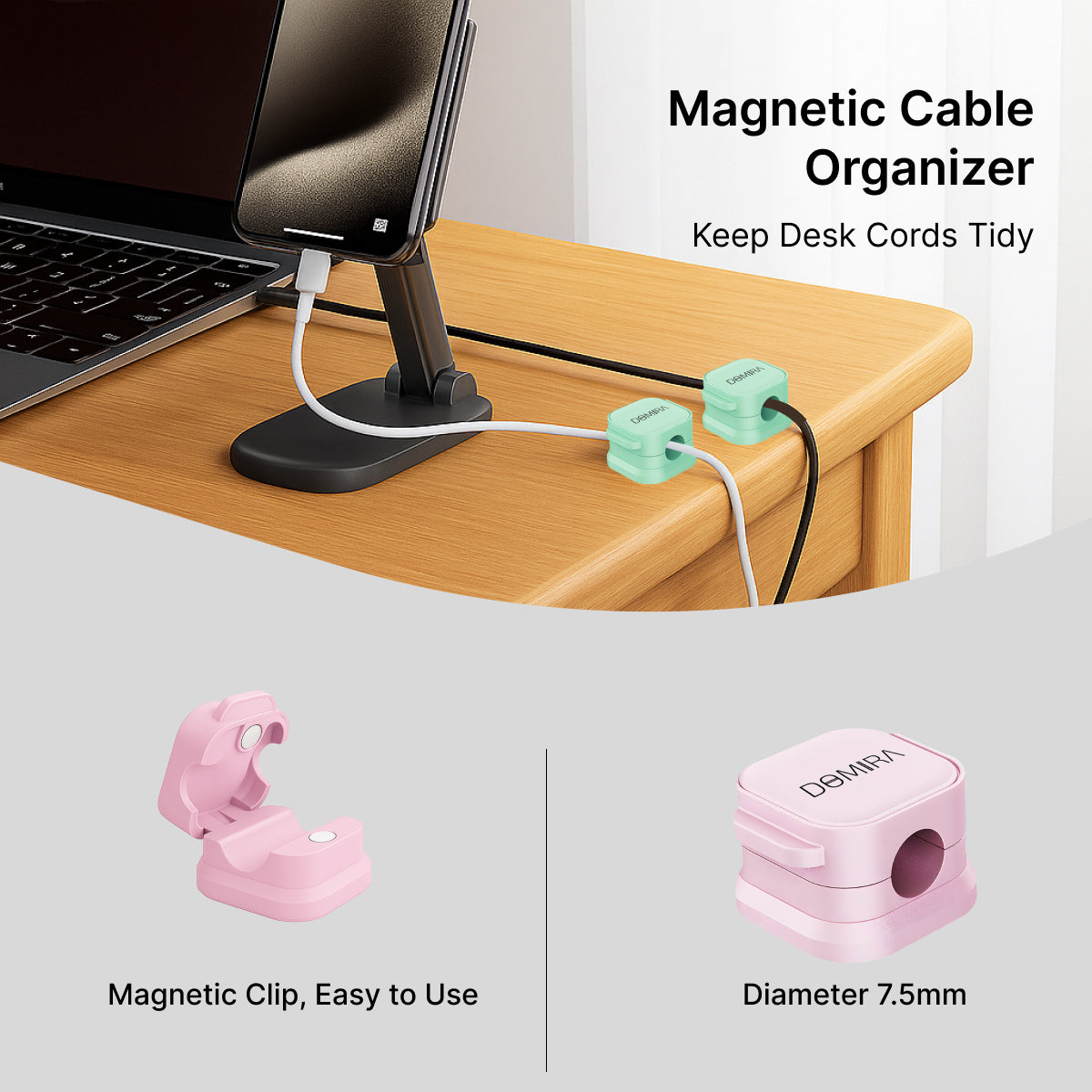 Pink Magnetic Cable Holder – Tidy Desk Organiser & Charger Clip