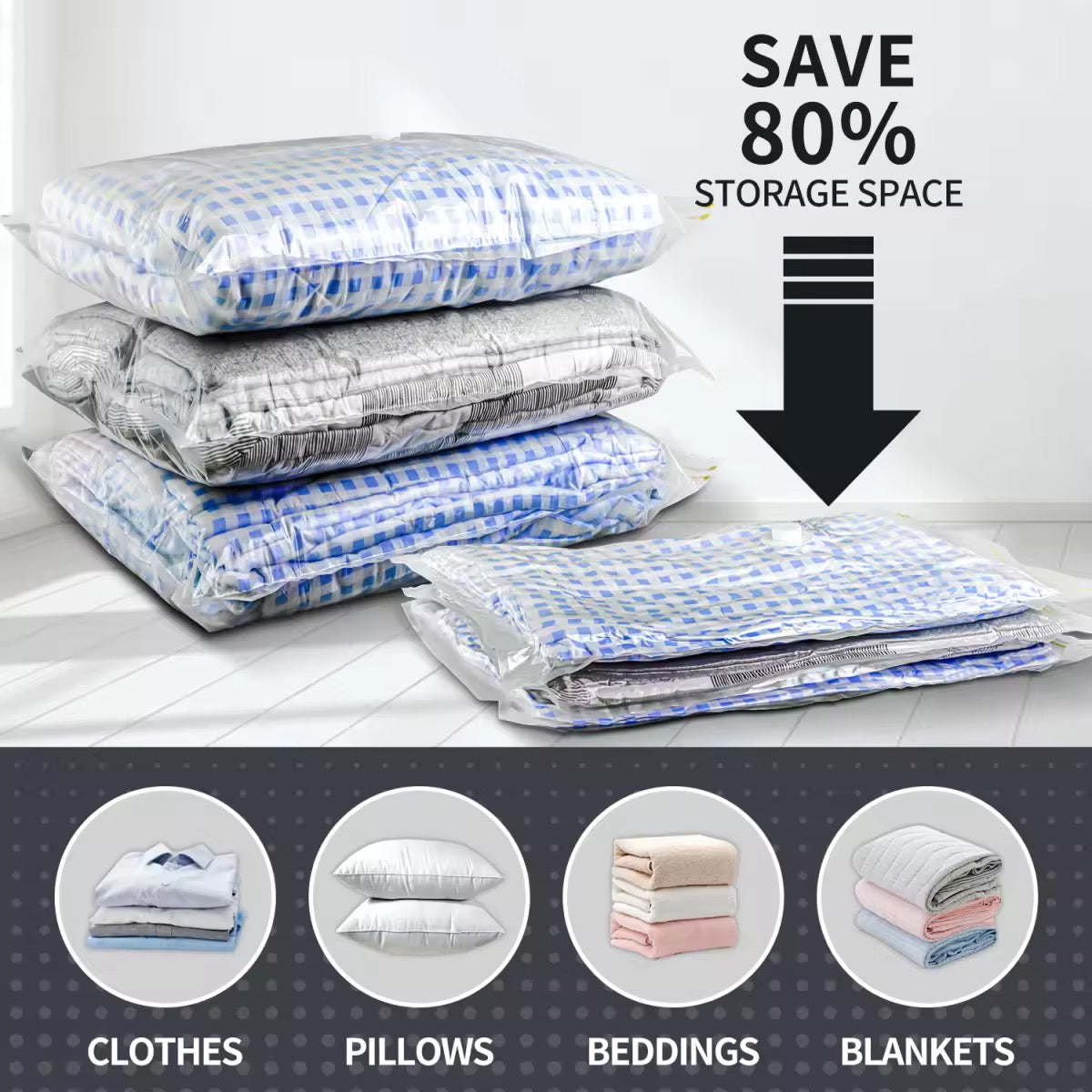 12-Pack Vacuum Storage Bags – Space Saver for Clothes & Bedding
