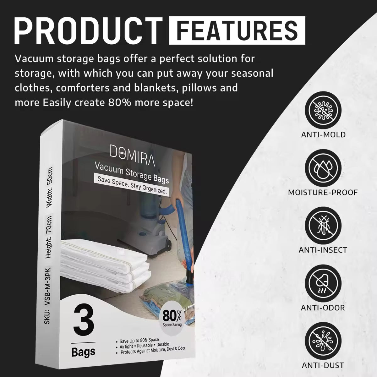 3-Pack Medium Vacuum Storage Bags – Space Saver for Clothes & Travel