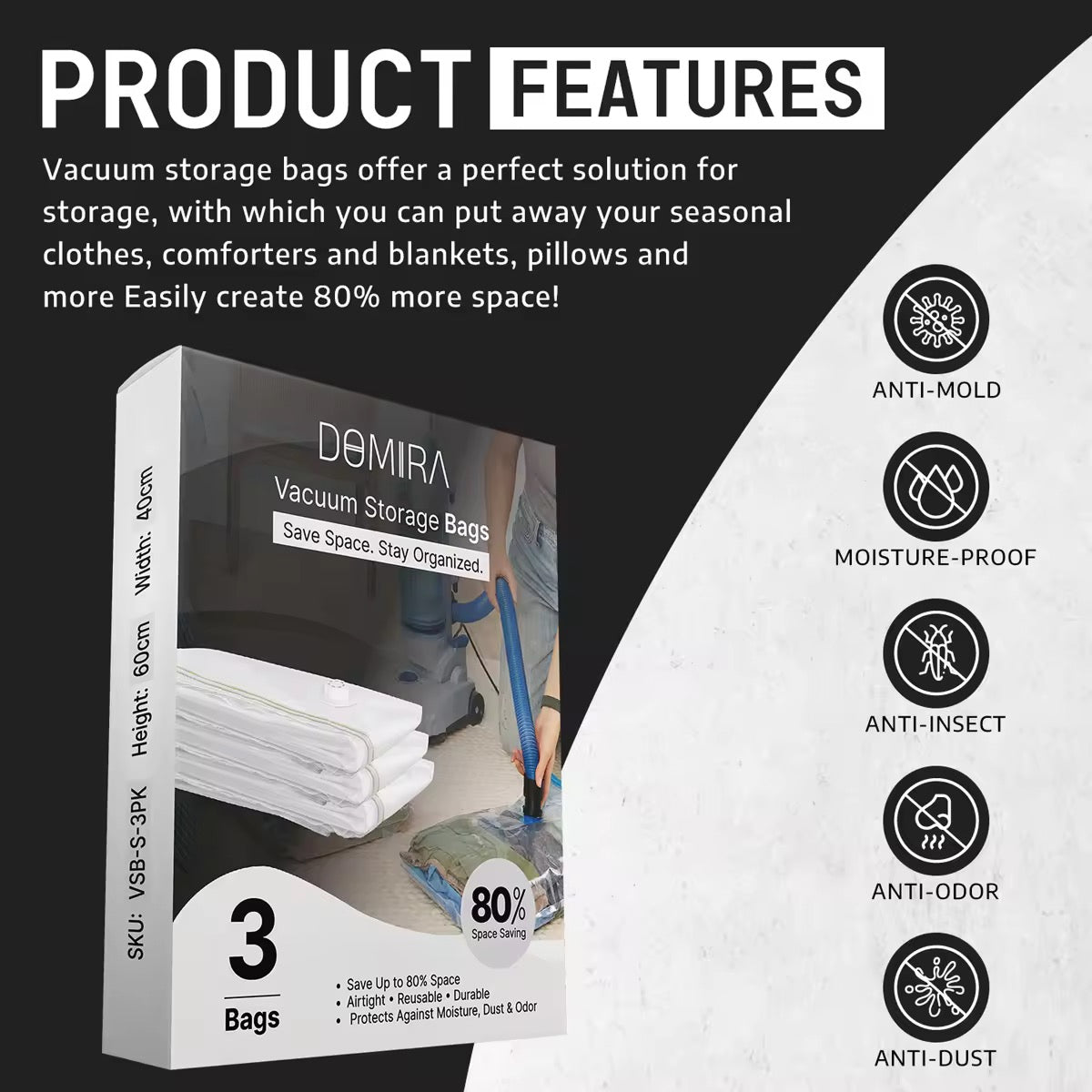 3-Pack Small Vacuum Storage Bags – Heavy Duty Space Saver for Clothes