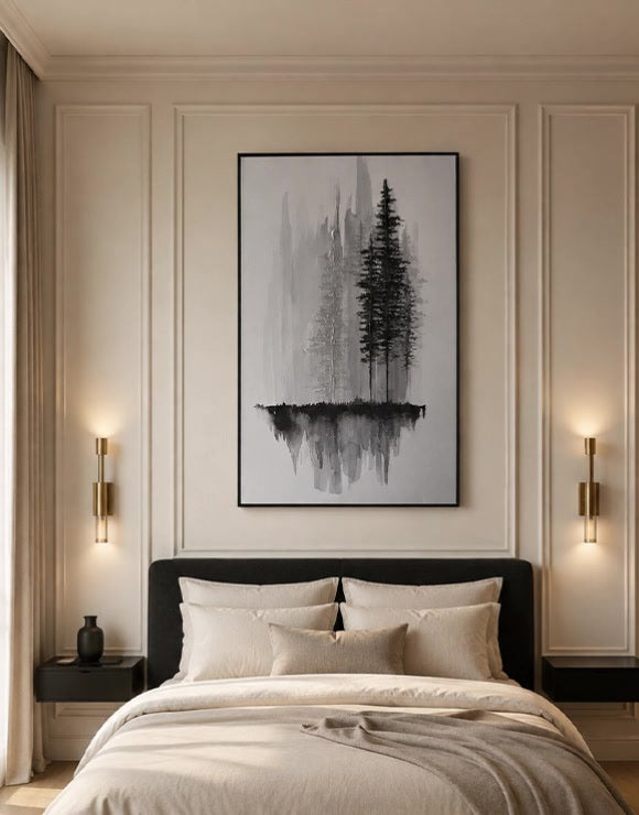 Hand embellished wall art above a bed