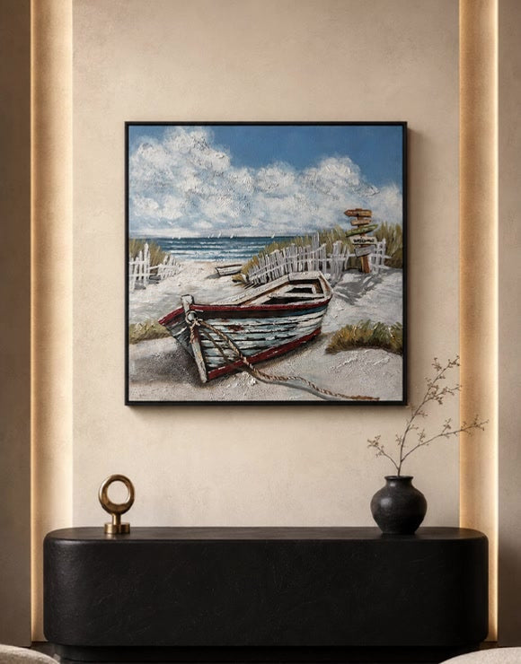 Textured wall art above a sideboard