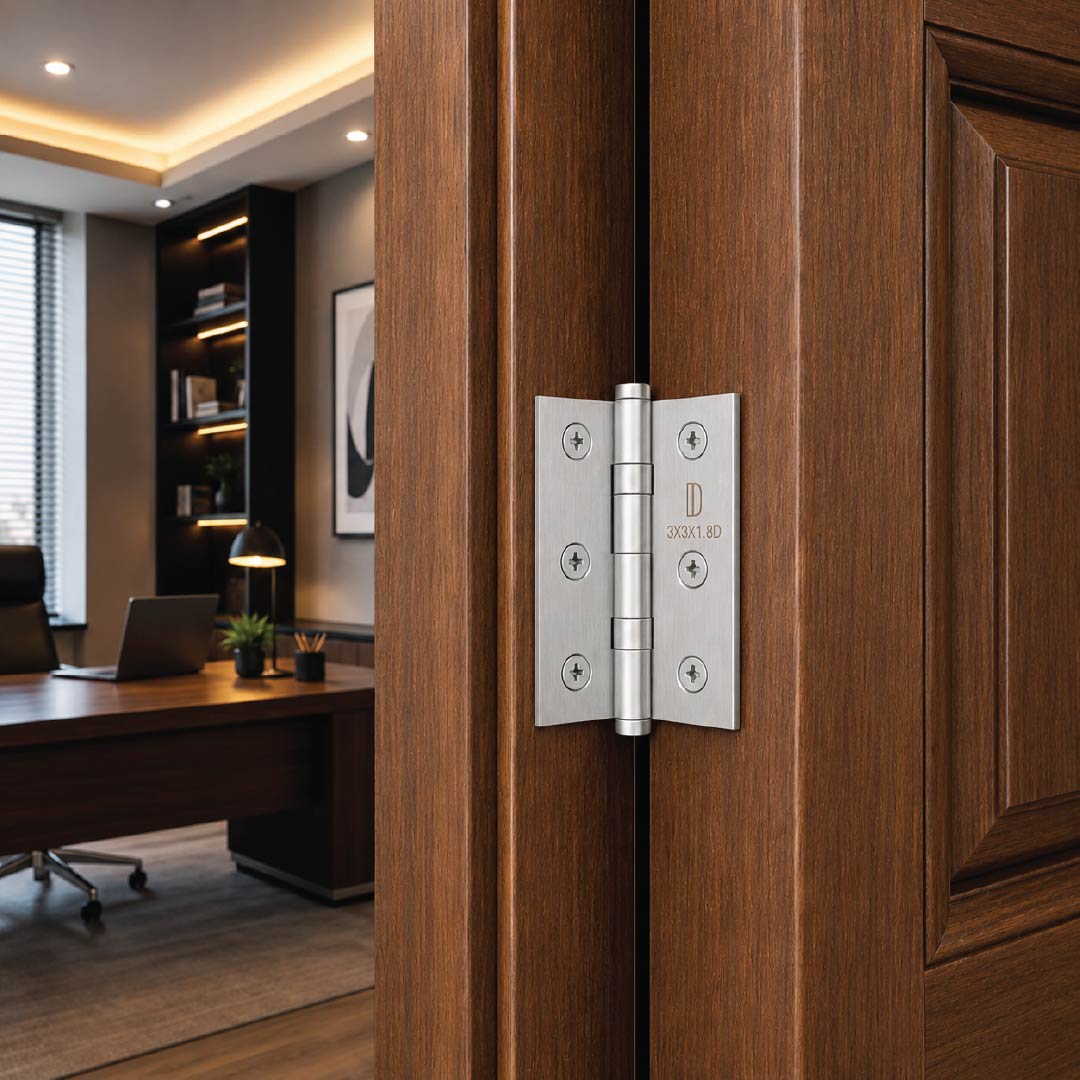 Heavy-duty silver ball bearing hinges fitted to a modern office door providing reliable everyday performance.