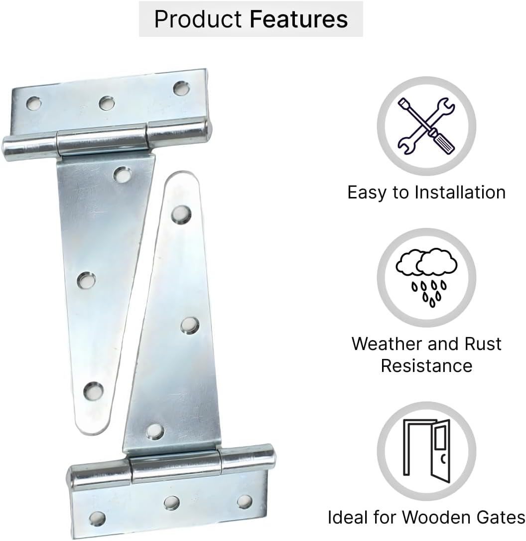 DOMIRA Silver T Hinges Heavy Duty Gate Hinges Galvanised Steel Rust Resistant Smooth Operation Pack of 2 (Multiple Sizes Available)