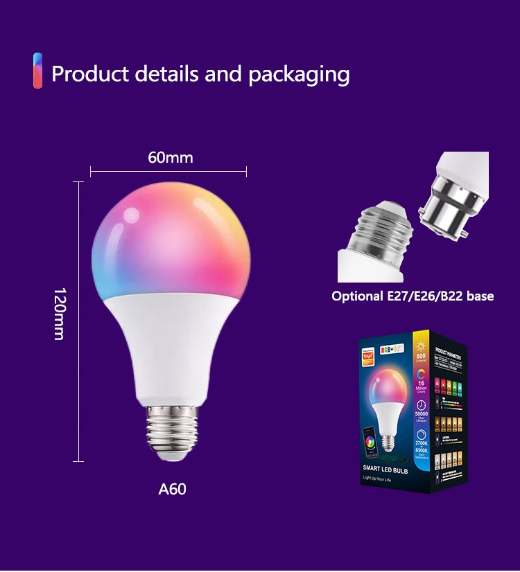 Smart LED Light 10W E27 - Alexa & Google Home Compatible RGB WiFi Bulb with Tuya Control, Color Changing & Dimmable (220V)