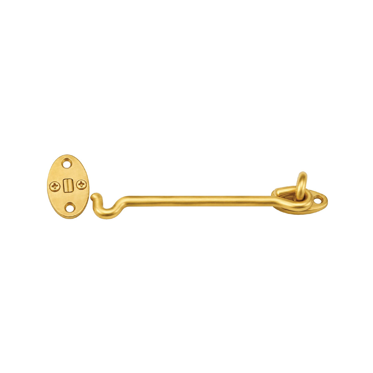 DOMIRA gold hook and eye door
lock side profile showing the
reinforced latch and mounting base