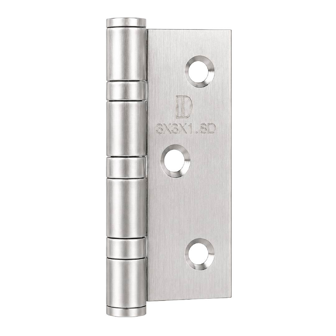 Perspective view of the DOMIRA 76mm silver ball bearing door hinge showcasing its premium polished appearance.