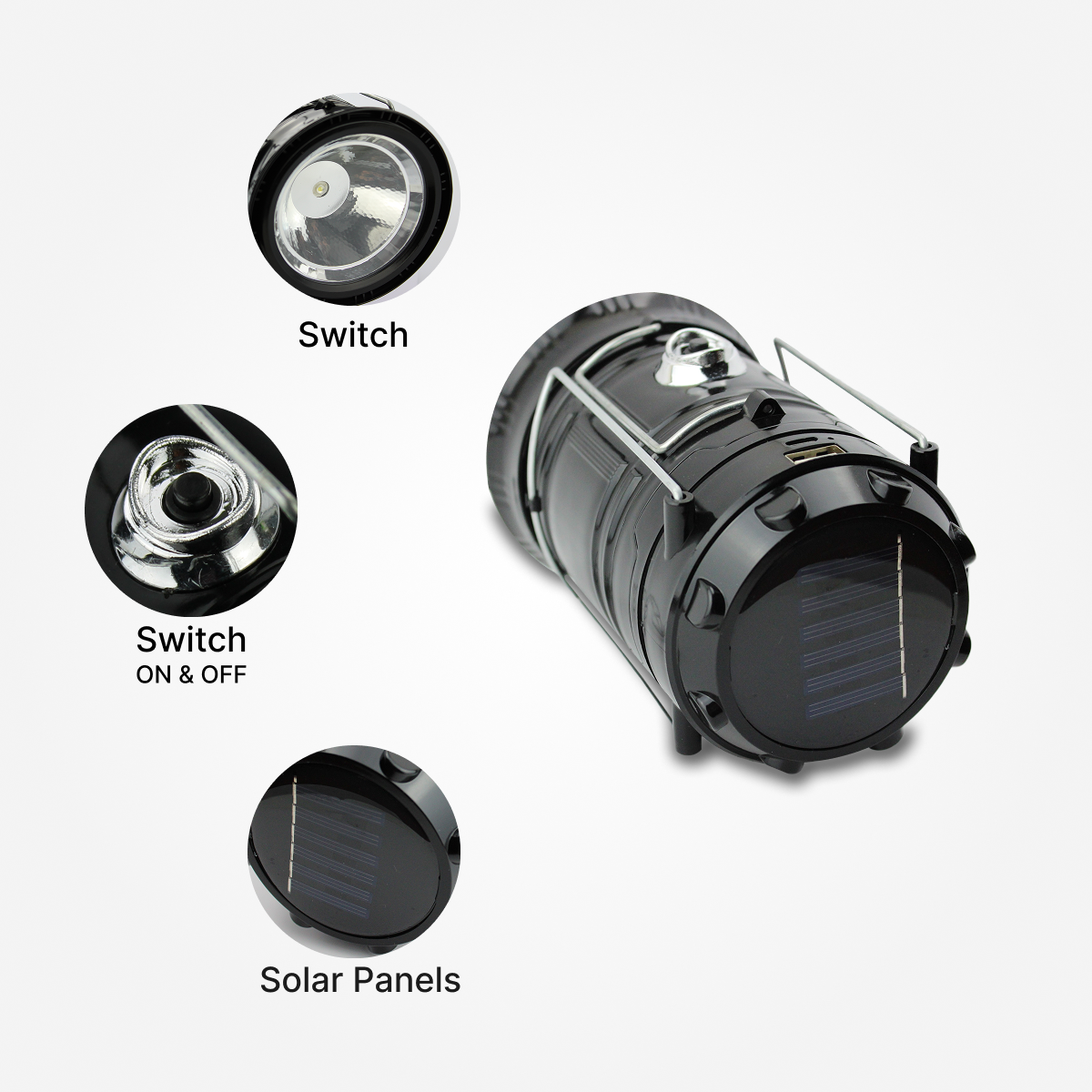 DOMIRA camping lantern solar and USB rechargeable feature black