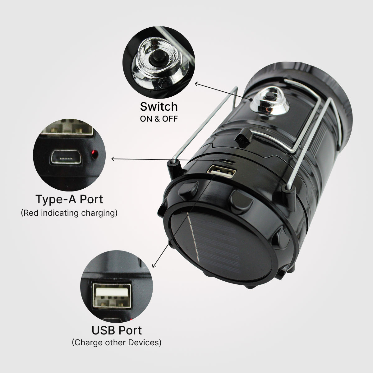 DOMIRA camping lantern built-in USB power bank feature black