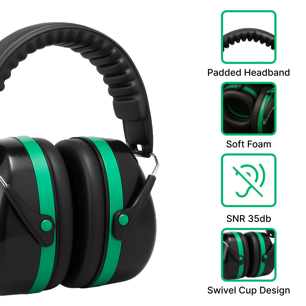 DOMIRA Mini Ear Defenders 35dB – Lightweight Noise Reduction Earmuffs-Green Black