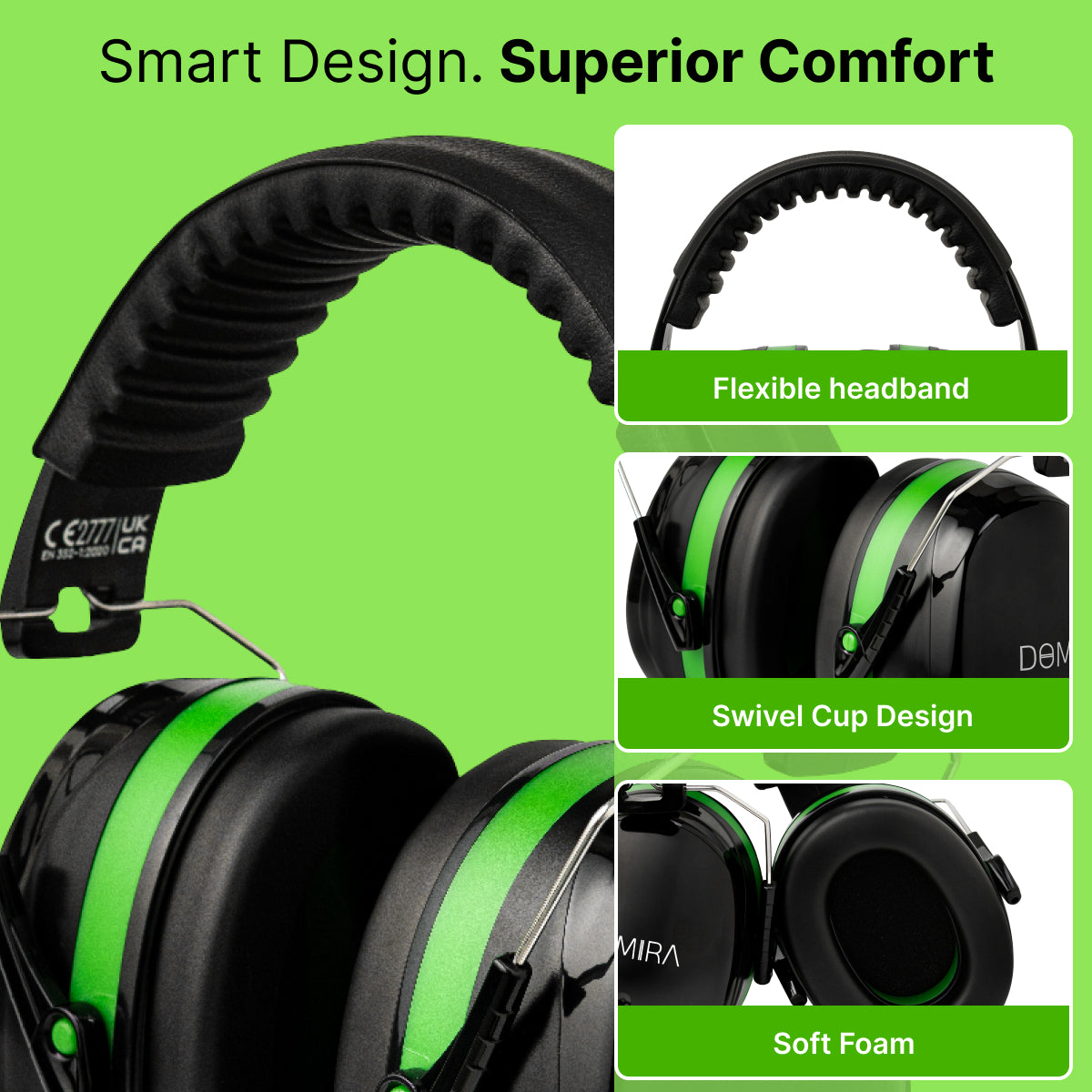 Adult  Ear Defenders 33dB – Lightweight Noise Reduction Earmuffs (Green/Black)