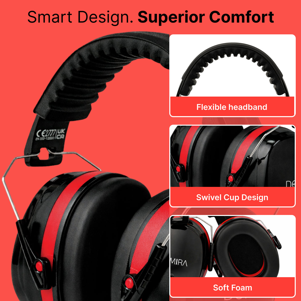 Adult  Ear Defenders 33dB – Lightweight Noise Reduction Earmuffs (Red/Black)