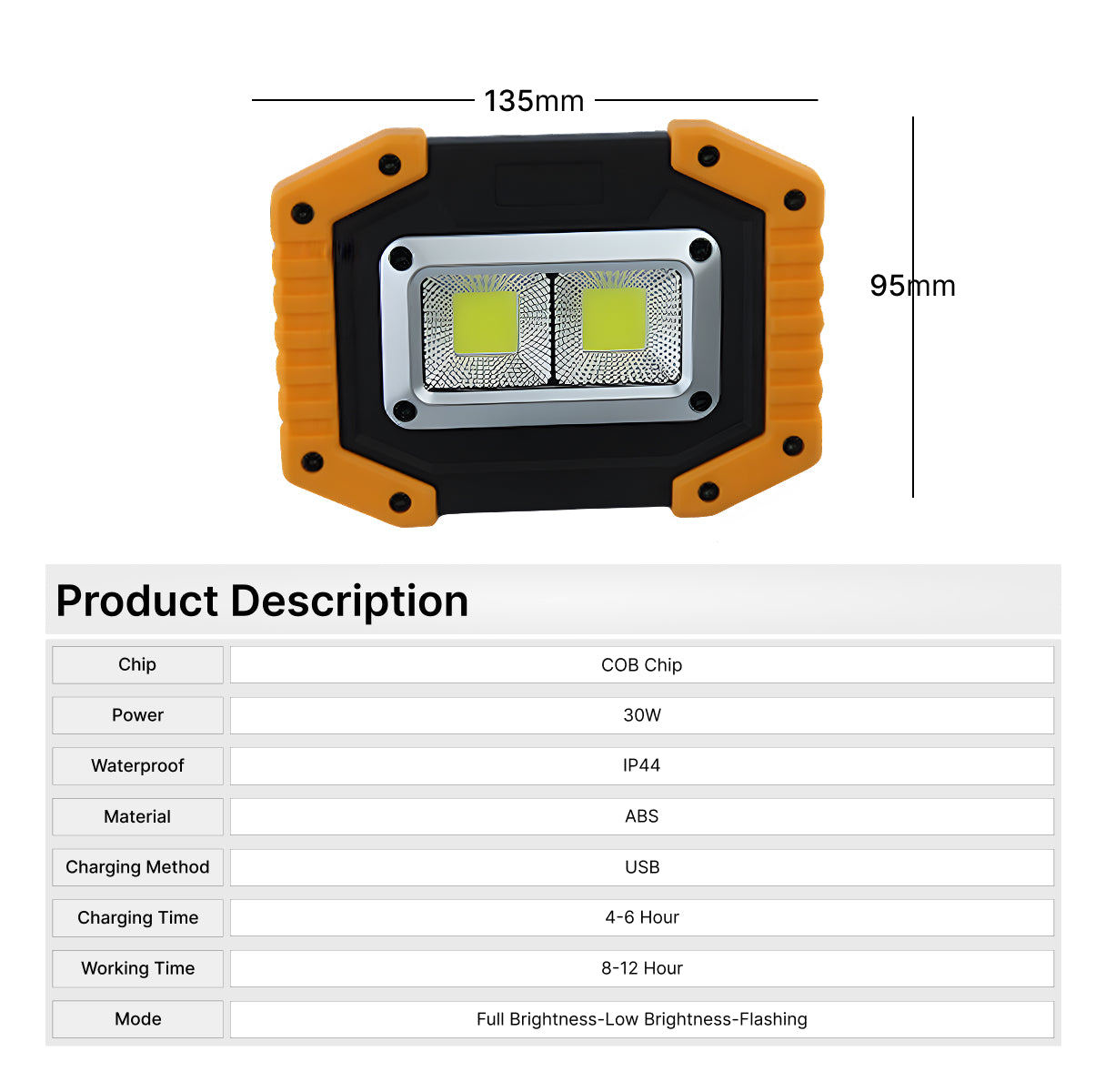 Rechargeable Cob Led Work Light Lamp with 3 Lights Modes