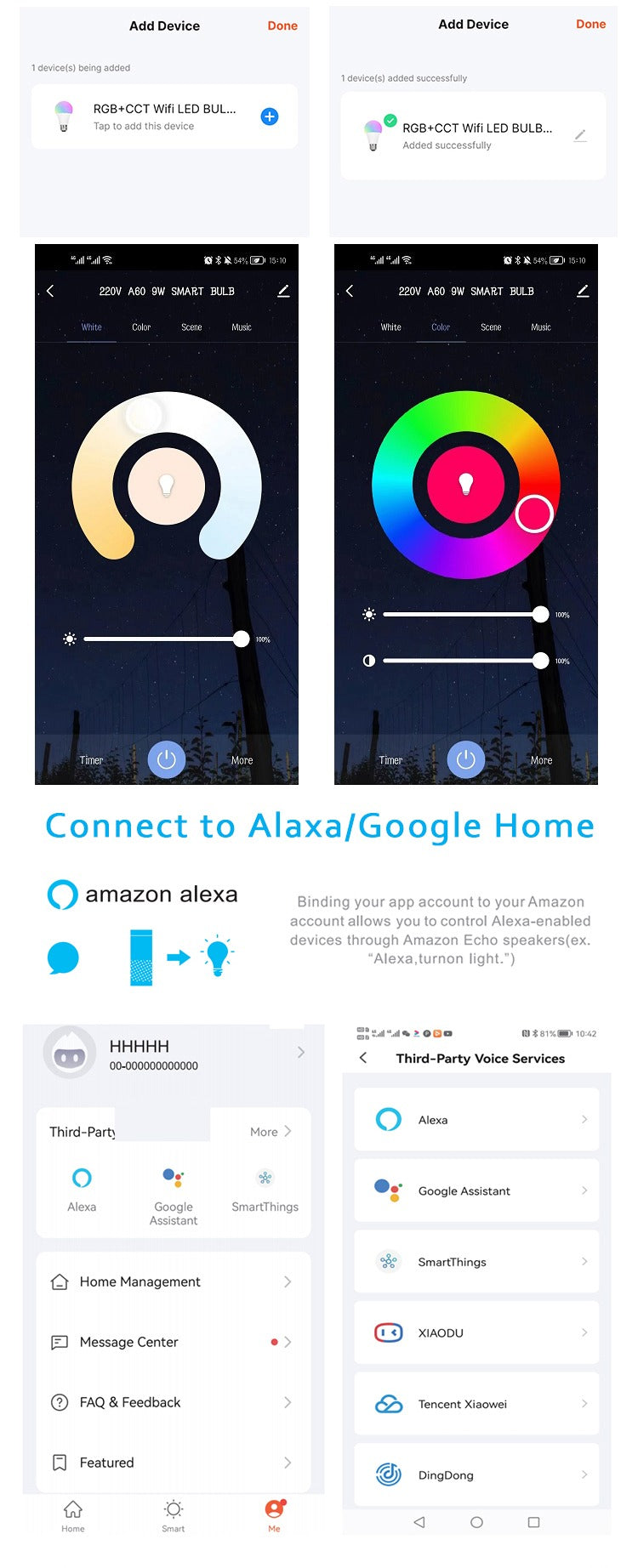 Smart LED Light 10W E27 - Alexa & Google Home Compatible RGB WiFi Bulb with Tuya Control, Color Changing & Dimmable (220V)