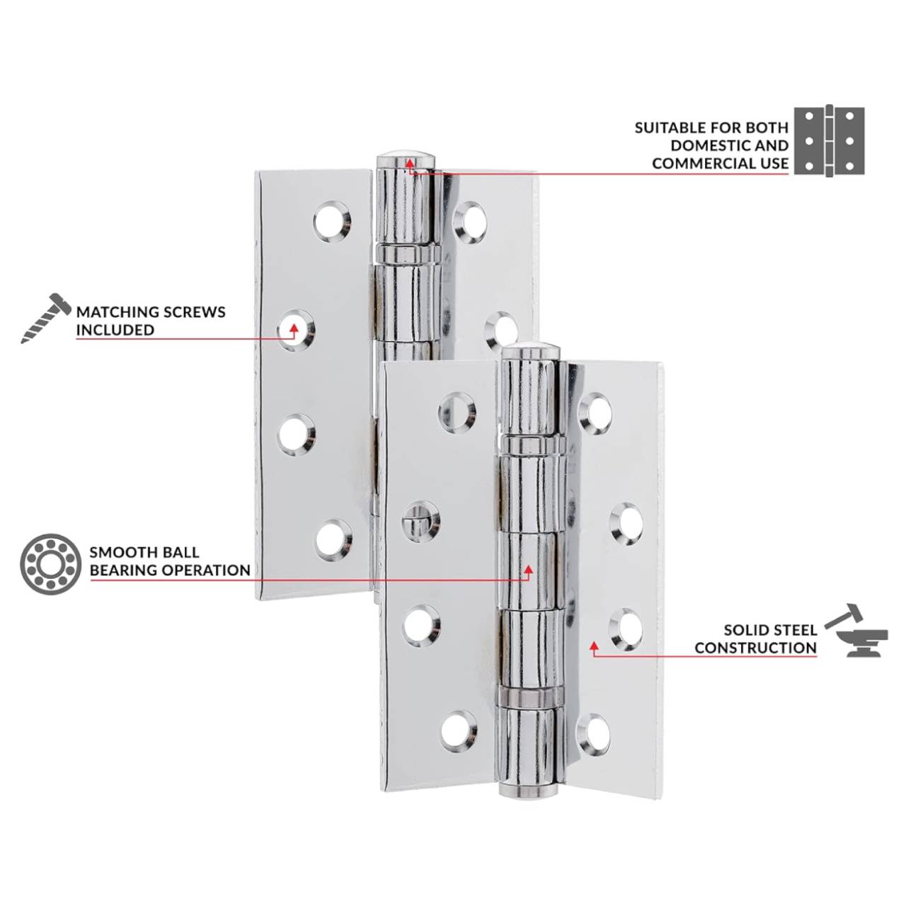 DOMIRA 4 inch (100mm) Polished Chrome Ball Bearing Hinges for Wooden Doors (2 Pairs)