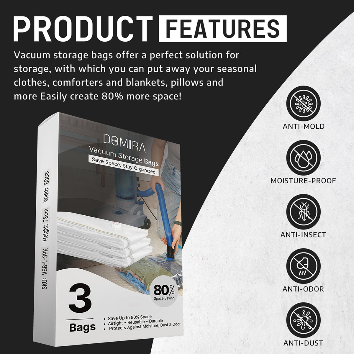 3-Pack Large Vacuum Storage Bags – Space Saver for Bedding & Travel