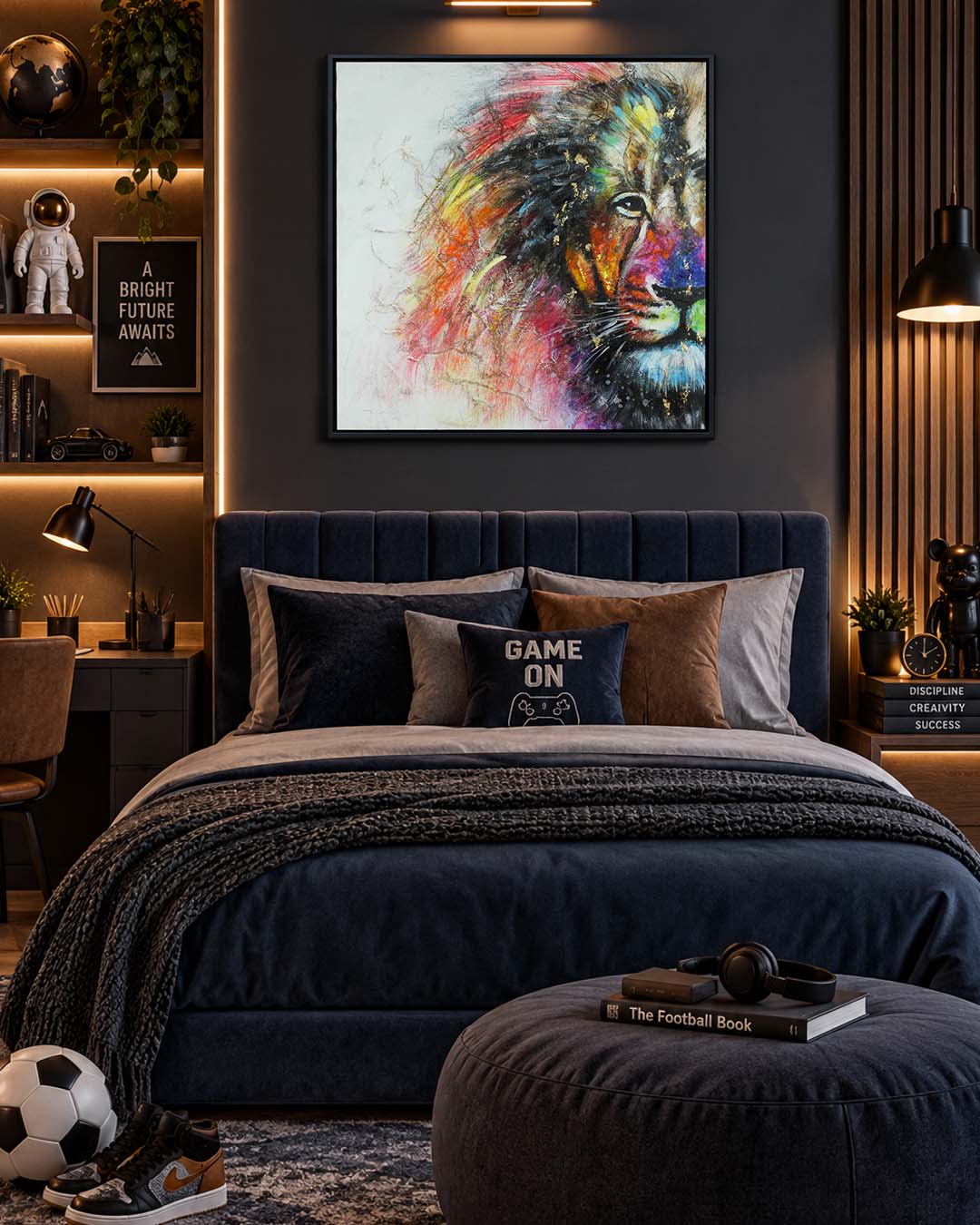 A Different Roar colourful lion wall art above a bed in a bedroom