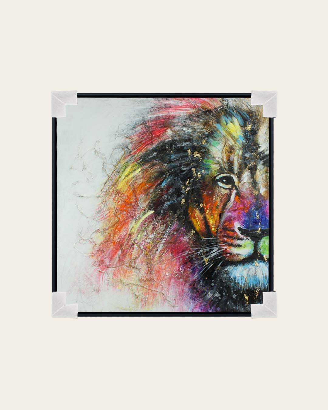 A Different Roar colourful lion wall art with corner protectors for delivery