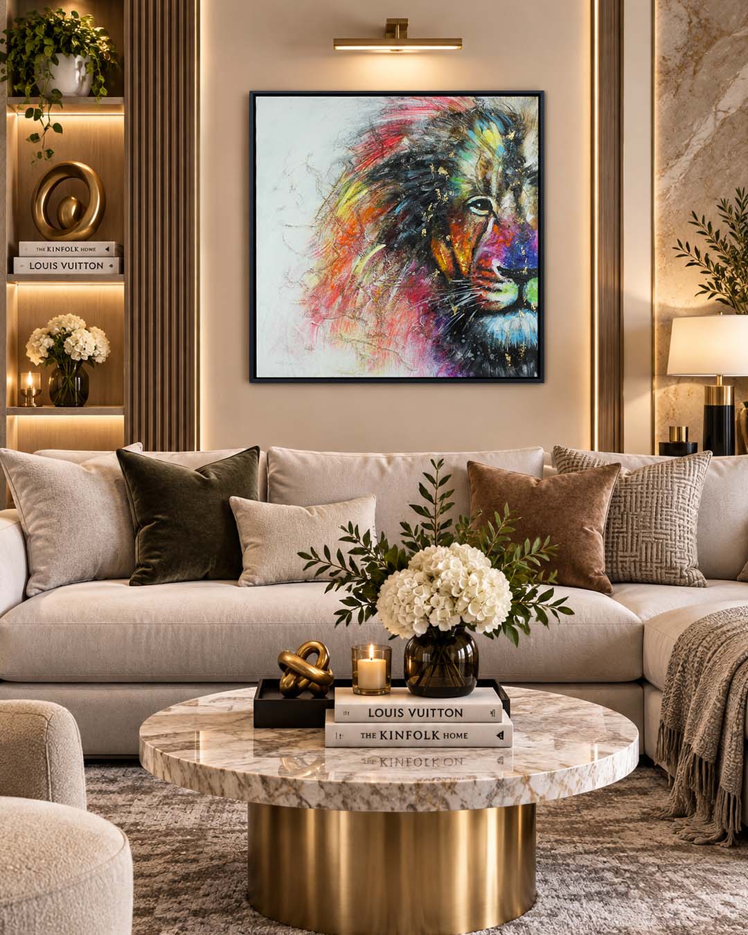 A Different Roar colourful lion wall art above a sofa in a living room