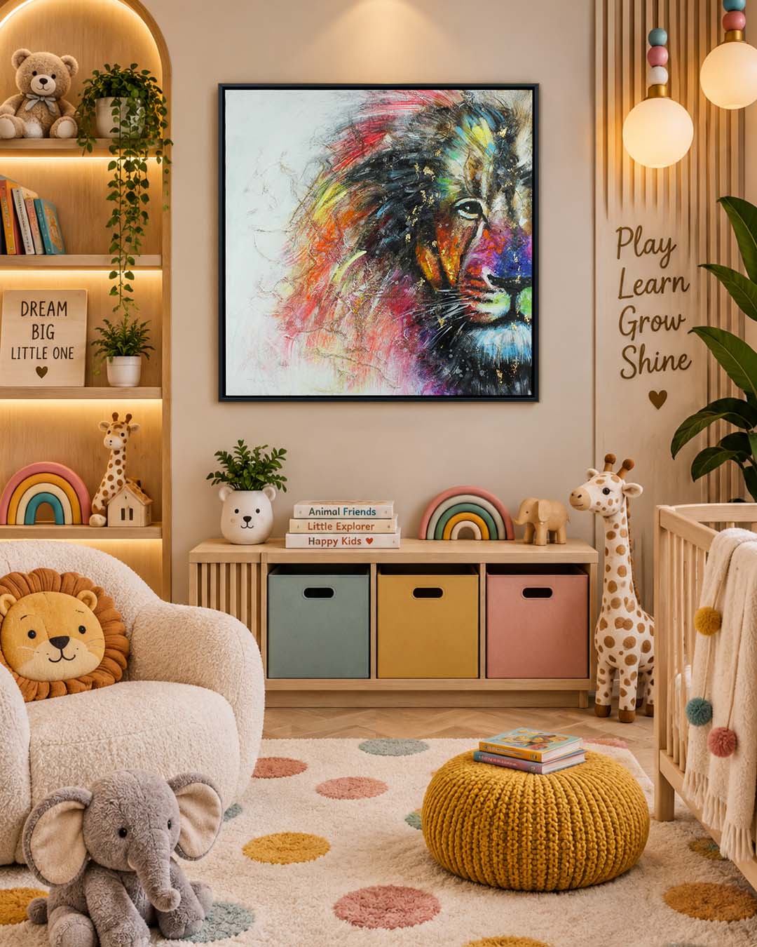 A Different Roar colourful lion wall art in a nursery