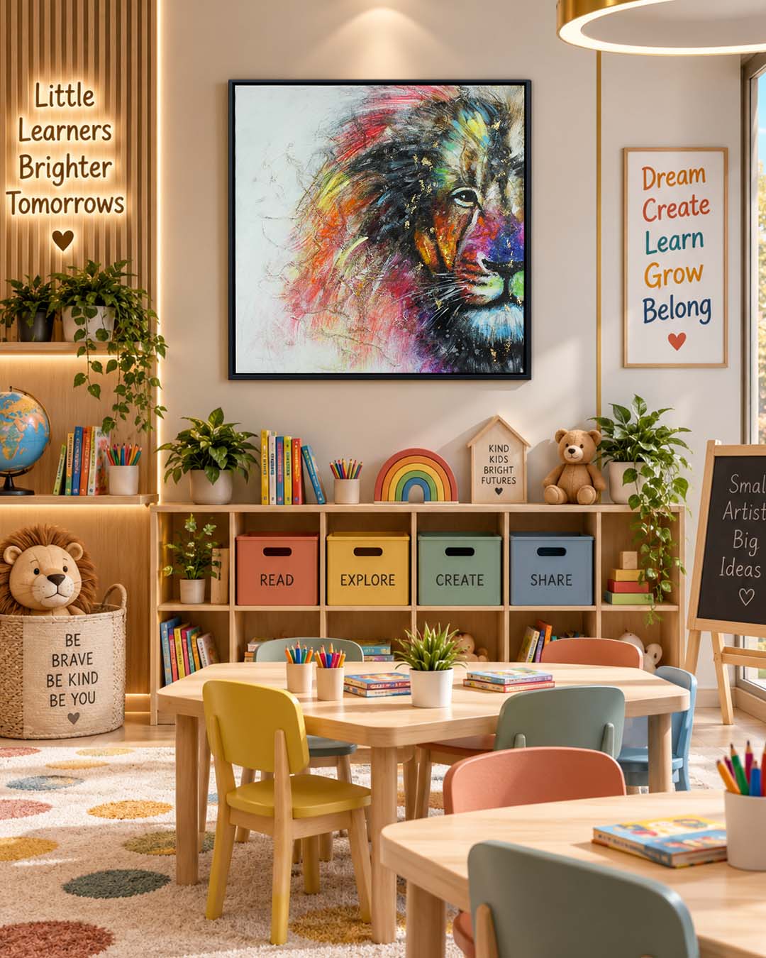 A Different Roar colourful lion wall art in a children's playroom