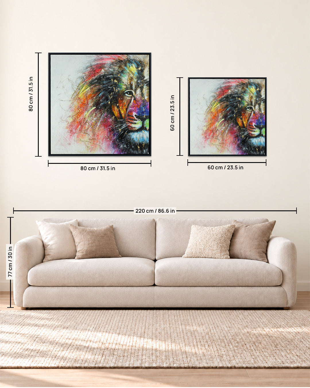 A Different Roar colourful lion wall art size guide above a sofa