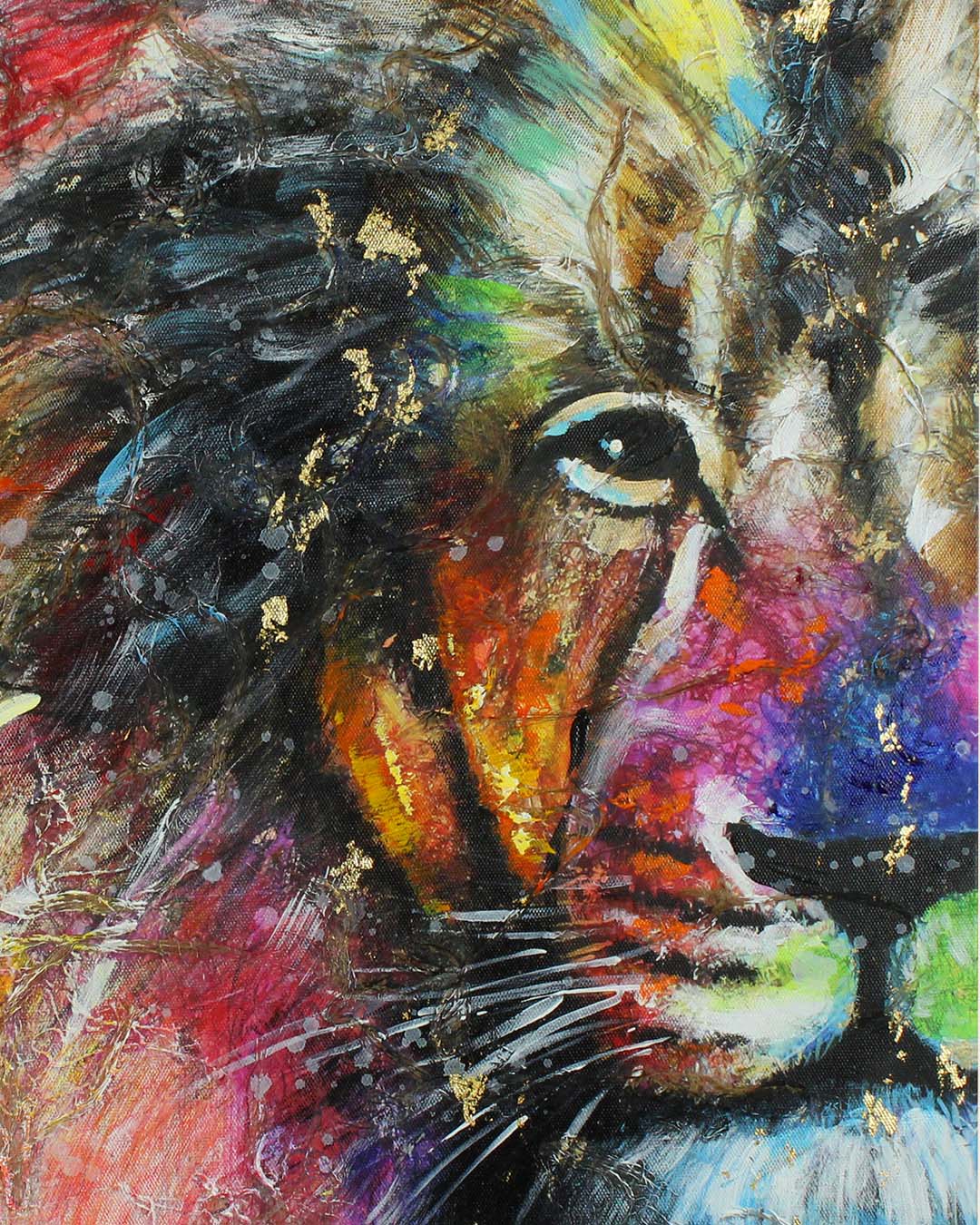 A Different Roar colourful lion wall art close-up of the textured paint