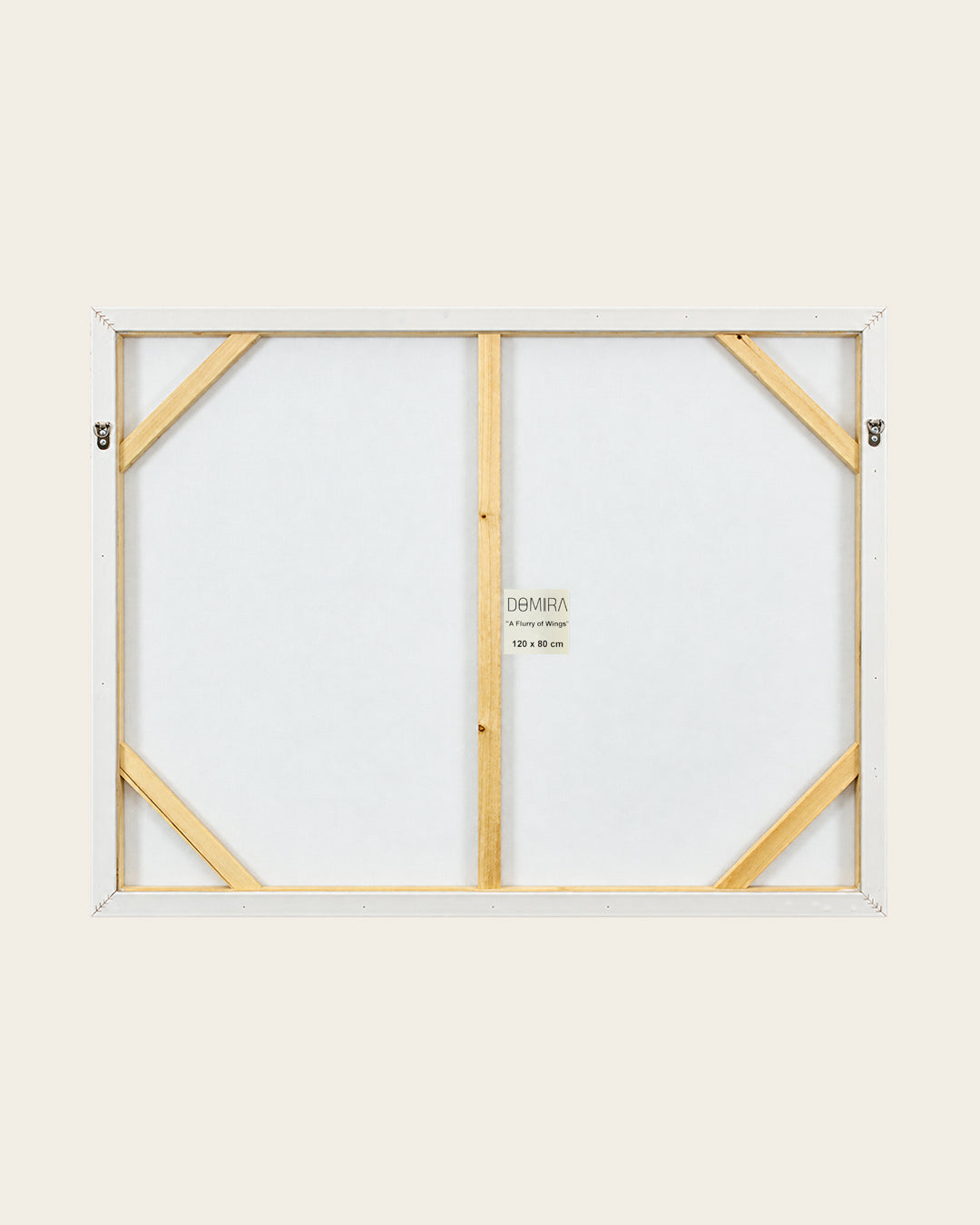 A Flurry of Wings white bird wall art back of the framed canvas