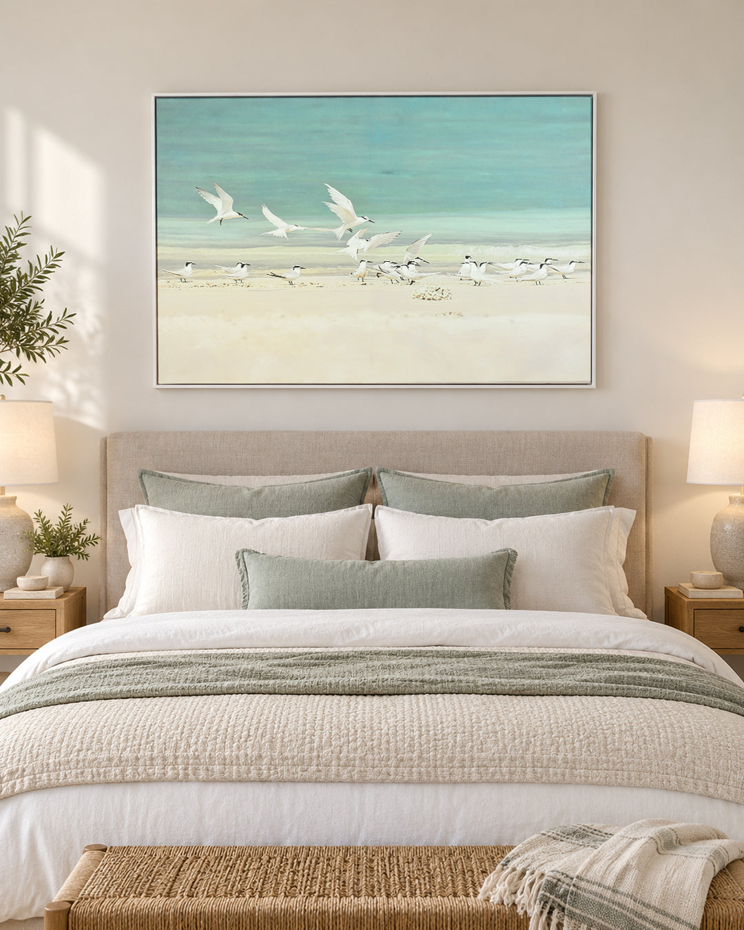 A Flurry of Wings white bird wall art above a bed in a bedroom