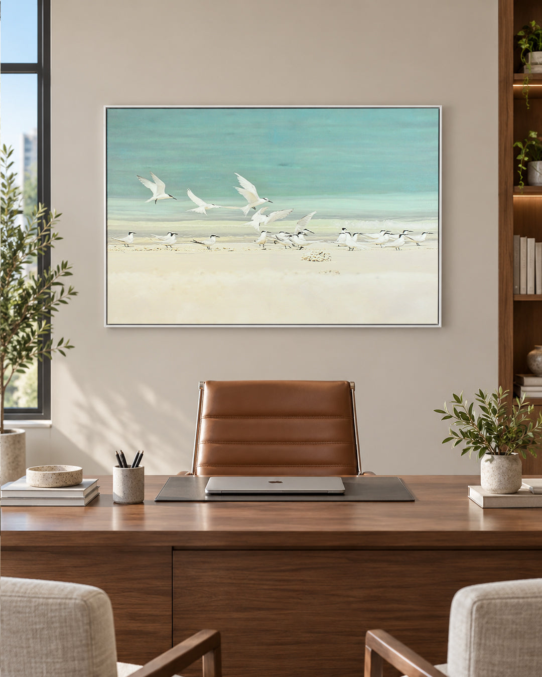 A Flurry of Wings white bird wall art in a home office above a desk