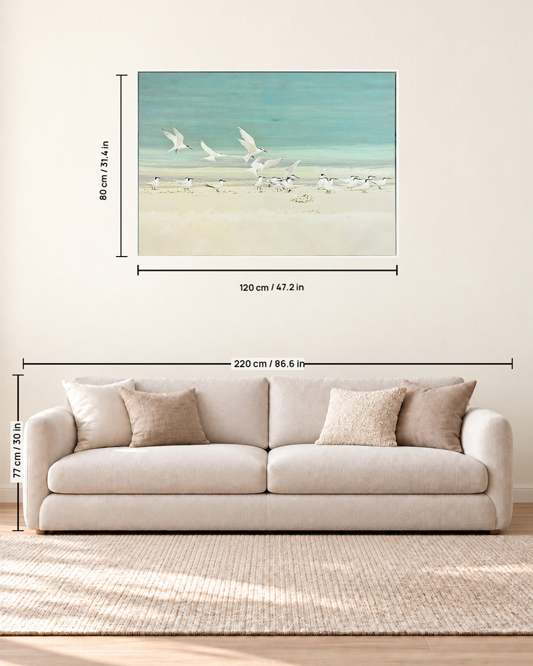 A Flurry of Wings white bird wall art size guide above a sofa