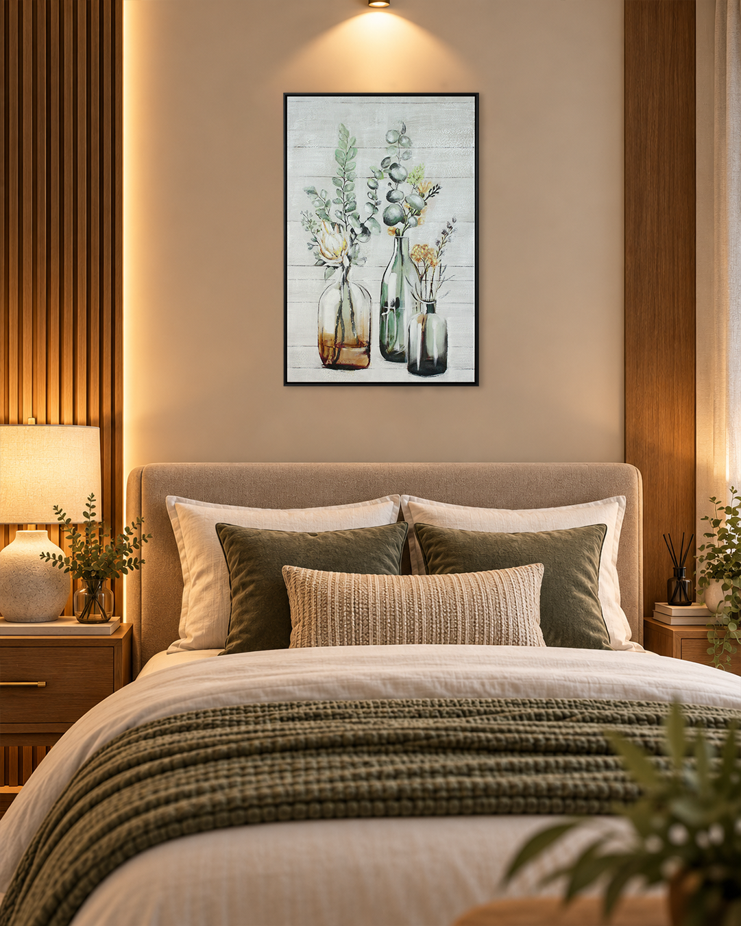 A Gentle Arrangement botanical still life canvas art above a bed in a bedroom