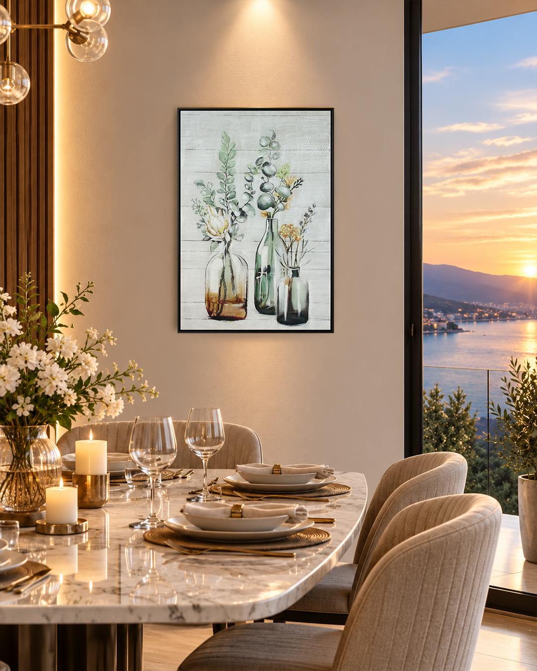 A Gentle Arrangement botanical still life canvas art above a dining table