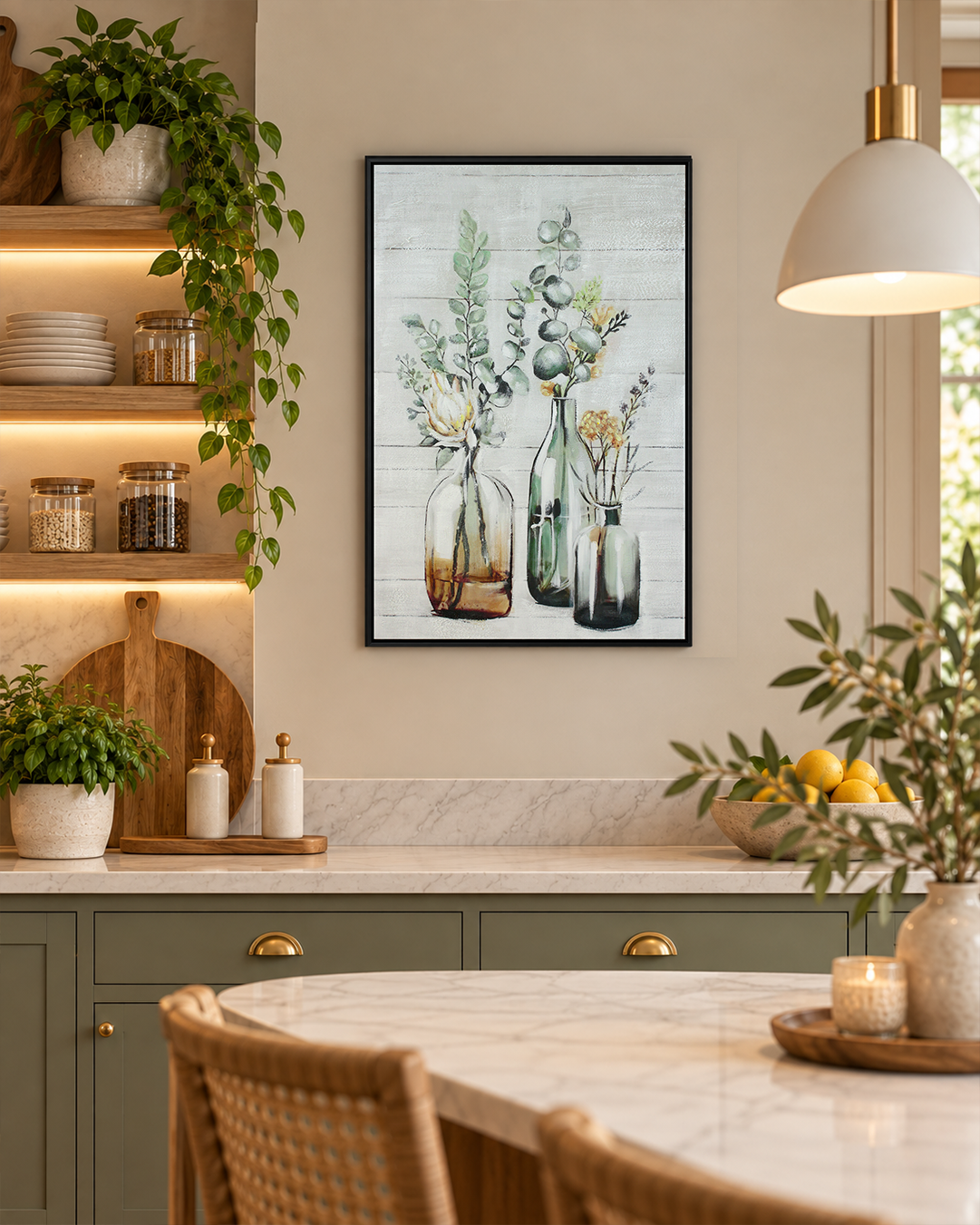 A Gentle Arrangement botanical still life canvas art in a kitchen above the counter