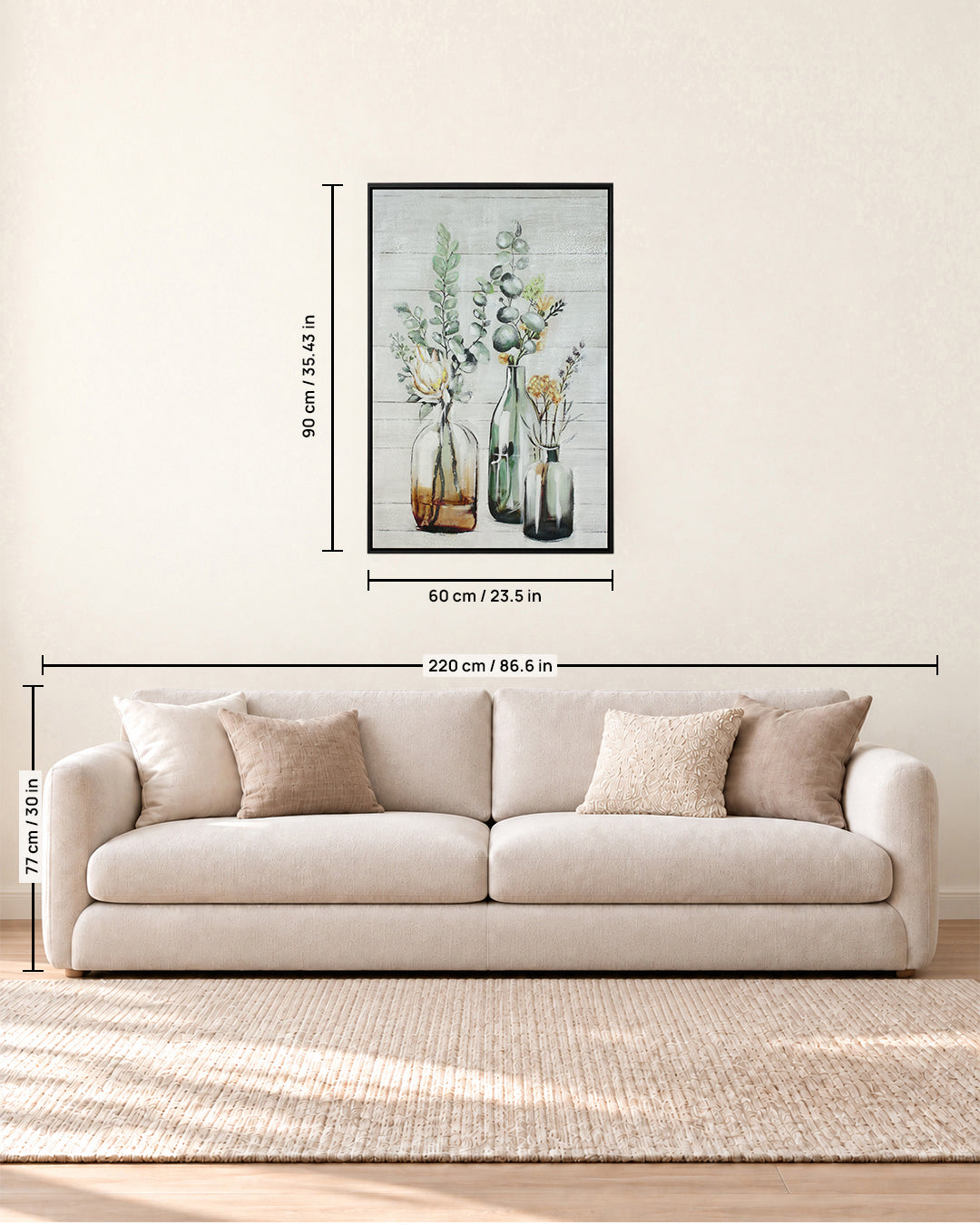 A Gentle Arrangement botanical still life canvas art size guide above a sofa
