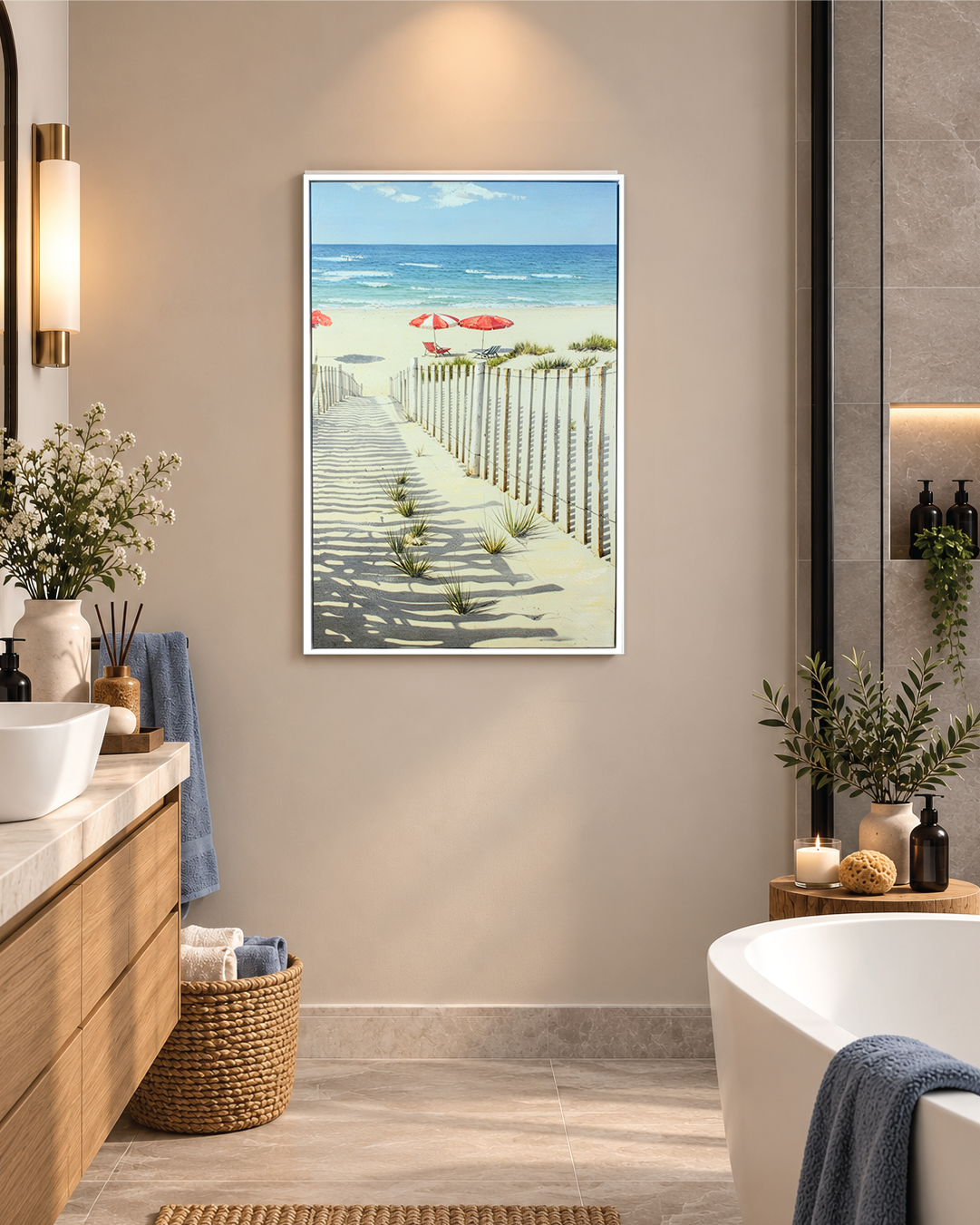 A Perfect Afternoon beach path canvas art in a bathroom beside a freestanding bath