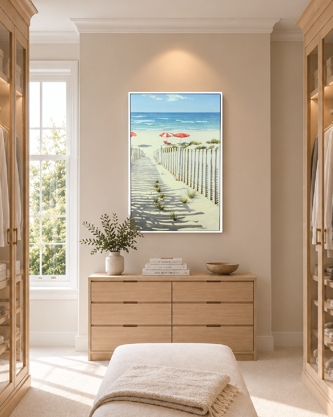 A Perfect Afternoon beach path canvas art above a chest of drawers