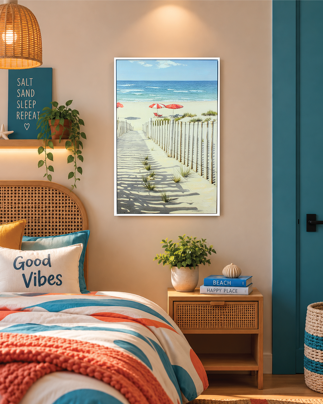 A Perfect Afternoon beach path canvas art above a bed in a bedroom