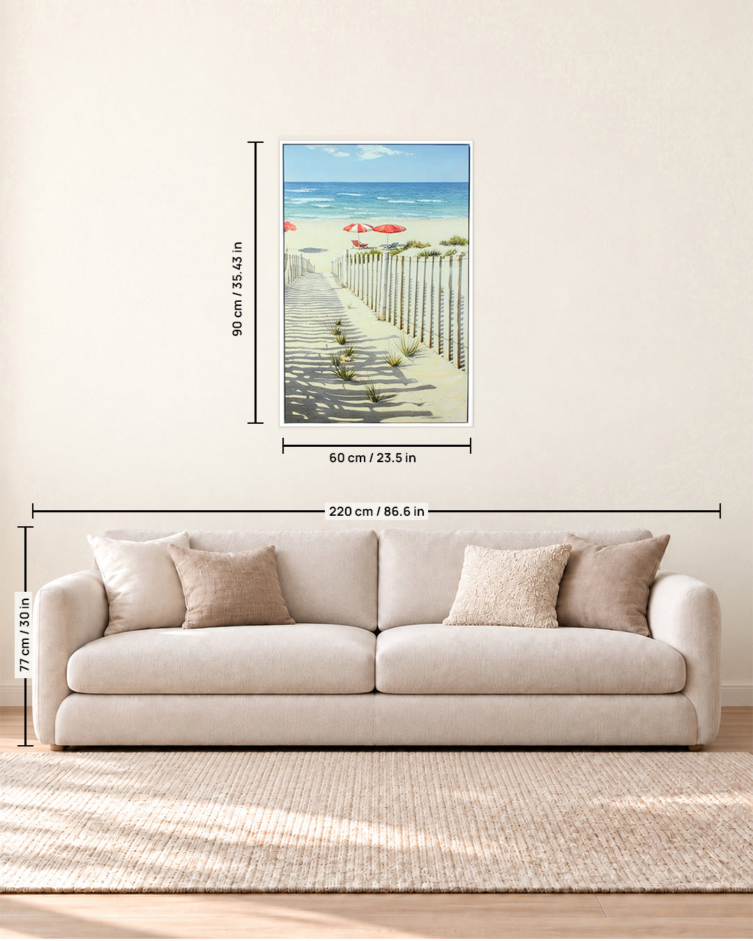 A Perfect Afternoon beach path canvas art size guide above a sofa