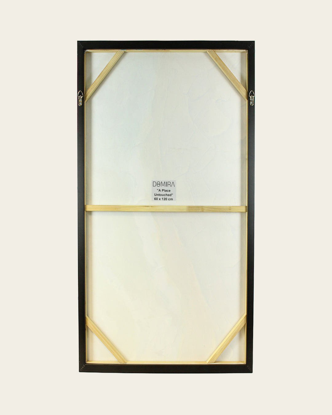 A Place Untouched monochrome lake wall art back of the framed canvas