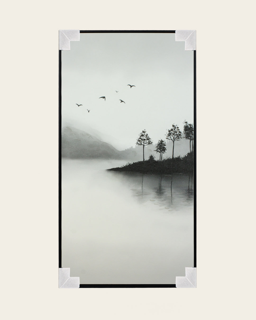 A Place Untouched monochrome lake wall art with corner protectors for delivery