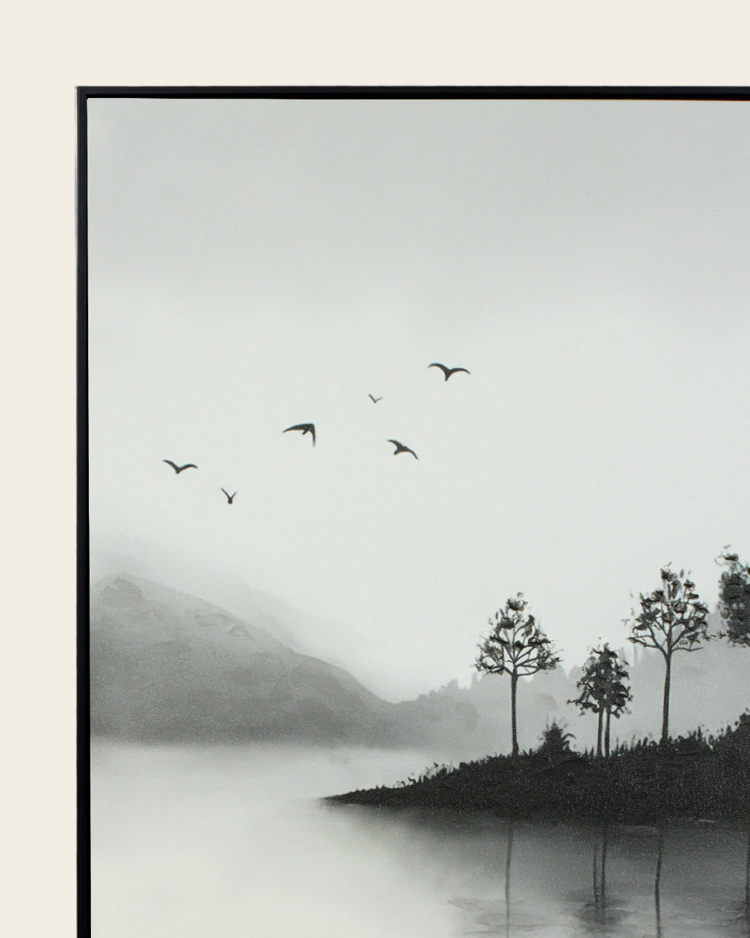 A Place Untouched monochrome lake wall art black frame corner detail
