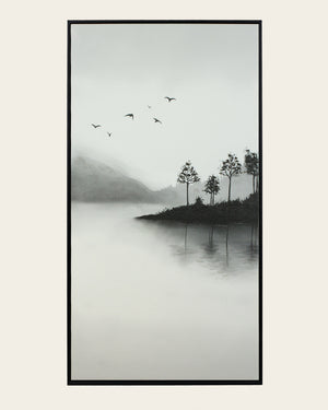 A Place Untouched monochrome lake wall art front view in a black frame