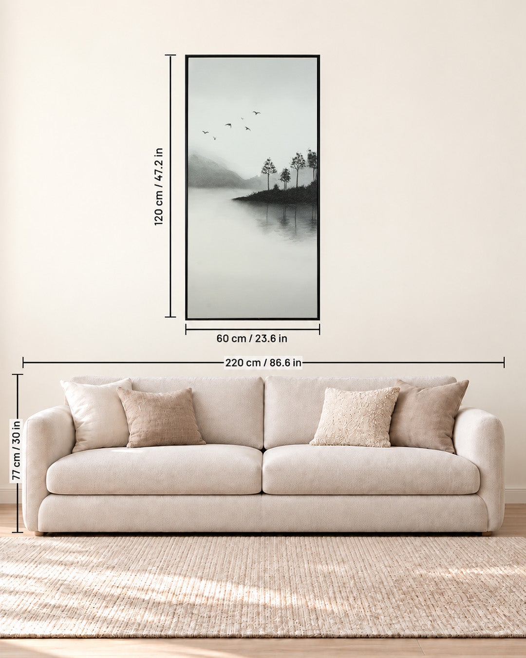 A Place Untouched monochrome lake wall art size guide above a sofa